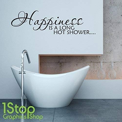 1Stop Graphics Shop - HAPPINESS IS A LONG HOT SHOWER WALL STICKER QUOTE - BATHROOM WALL ART DECAL X247 - Colour: Black - Size: Large