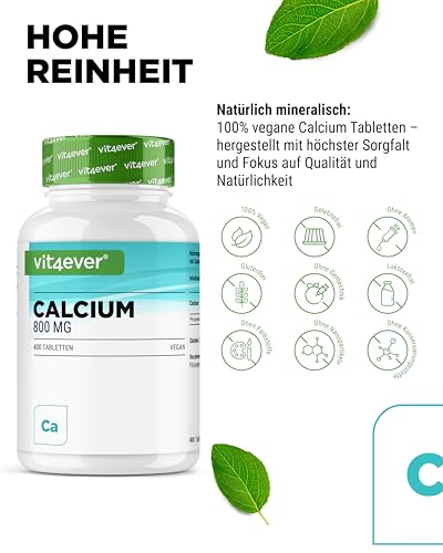 vit4ever Calcium - 400 Tabletten mit 800 mg Calcium aus Calciumcarbonat pro Tagesportion - Reicht für 6,6 Monate - Vegan, hochdosiert und ohne unnötige Zusätze