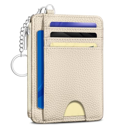 Image of Kelvoris Beige Credit Card Holder Small Wallet Women, Minimalist Slim RFID Blocking Wallet Woman Keychain with Zipper Coin Pocket, Front Pocket Thin Travel Card Case Organizer ID Window Ladies Gifts