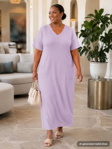Image of SUZONANA Women Casual T-Shirt Dress V Neck Short Sleeve Solid Color Oversize Dress with Front Two Pockets