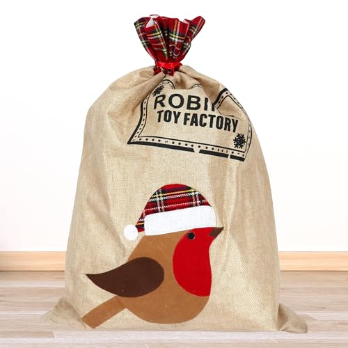 Event Decor Shop Saco de regalo de petirrojo tartán, bolsa de arpillera de Papá Noel con puño a cuadros rojos, estampado de petirrojo y diseño de fábrica de juguetes, saco de Navidad rústico