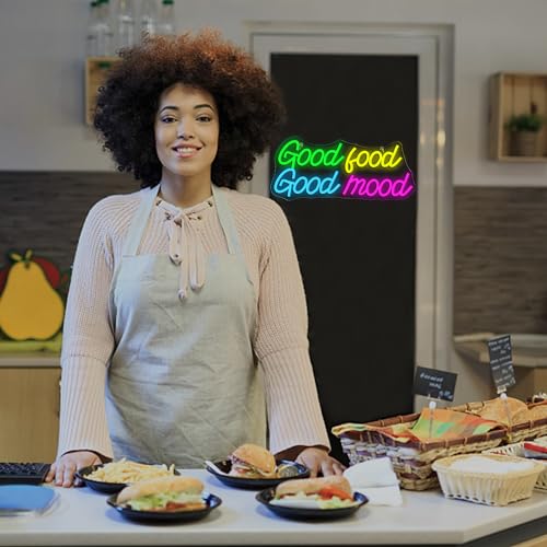 Image of Looklight Good Food Good Mood Neon Sign Letter Neon Signs for Wall Decor Colorful Led Lights for Kitchen Fast Food Shop Cafe Restaurant Store Snack Shop Room Decorations Gifts