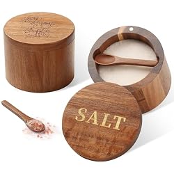 Timtopno Salt Cellar, 2PCS Salt Container Acacia Wood Salt and Pepper Box for Countertop with Built-in Spoon & Swivel Lid, Wood Salt Holder Bowl for Kitchen, Seasoning Storage (Rose & SALT Engraving)