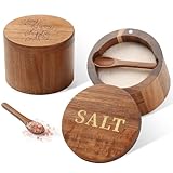 Timtopno Salt Cellar, 2PCS Salt Container Acacia Wood Salt and Pepper Box for Countertop with Built-in Spoon & Swivel Lid, Wood Salt Holder Bowl for Kitchen, Seasoning Storage (Rose & SALT Engraving)
