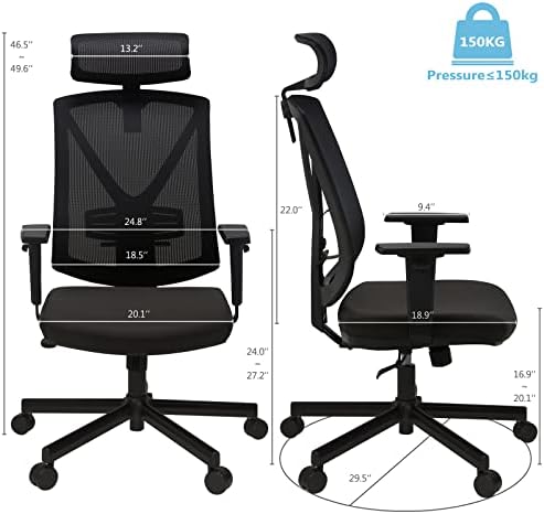 BASETBL Ergonomic Office Chair for Home, Reclining High-Back Mesh Executive Desk Chair, Adjustable Headrest Arms and Lumbar Support, Swivel Computer Chair with Silent Wheels (Black)
