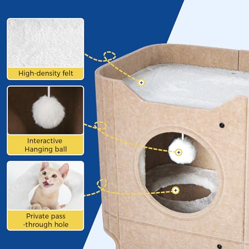 ABCPET Cat House for Indoor Cats, Cat Condo Cat Bed Cave, Felt Cats Hideaway Condo with Resistant Scratching Freedom Kitten Cube & Hanging Ball, Beige by ABCPET - Image 4