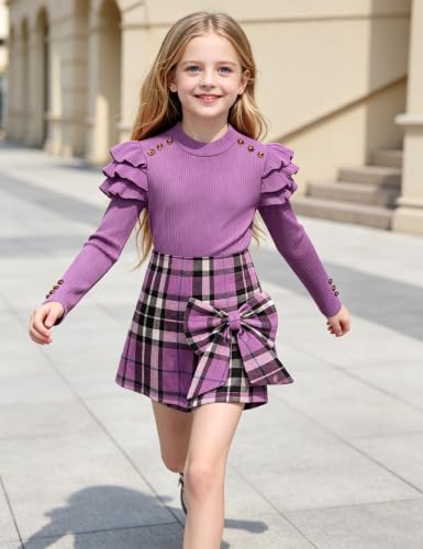 Image of Girls Clothes 2 Piece Ruffle Long Sleeve Shirt Top and Bow Plaid Skirt Set Girls Fall Winter Outfits 6-16 Years