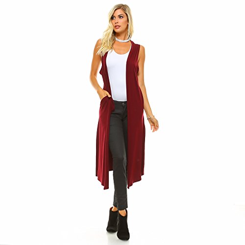 Isaac Liev Women's Long Cardigan  Casual Sleeveless Open Front Side Slit Pockets Flowy Lightweight Maxi Vest Duster 0008 Burgundy 2XL