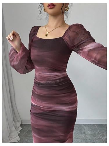 GORGLITTER Women's Tie Dye Bodycon Mesh Dress Lantern Sleeve Square Neck Ruched Party Midi Dresses4
