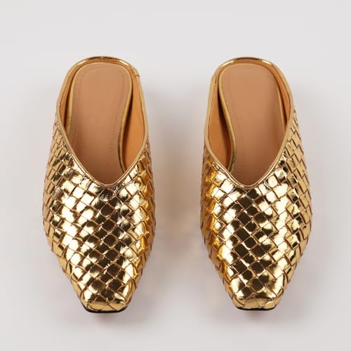 Image of Woven Mules for Women Slip on Comfortabke Metallic Slides Ladies Trendy Square Toe Hidden Wedge Mules