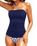 Aqua Eve Bandeau-Badeanzüge für Damen, zweiteilig, gerüscht, Bauchkontrolle, Tankini-Set, trägerlose Bademode, Marineblau, Large