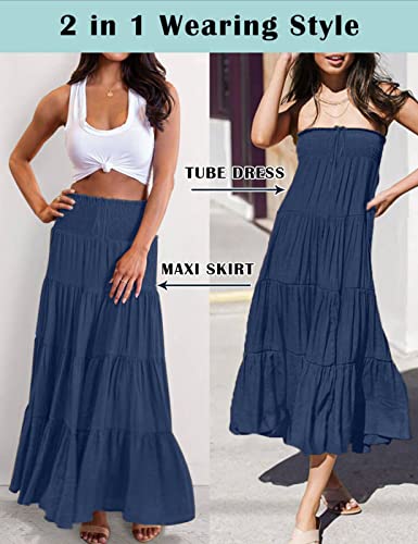 هوف تنورة ماكسي صيفية فضفاضة بوهو للنساء، تنورة عصرية بخصر مكشكش وطبقات ايه لاين كاجوال للشاطئ، فستان متوسط الطول بلون كحلي، مقاس S