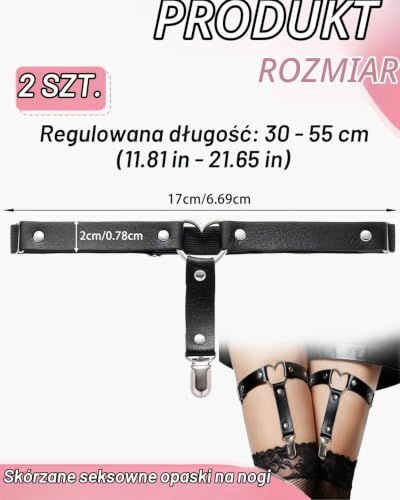 HUVZOR 2 szt. Skórzana podwiązka do pończoch serce punk gotycki pas do pończoch regulowany antypoślizgowy klips damski karnawał Halloween akcesoria na imprezę cosplay (czarny)
