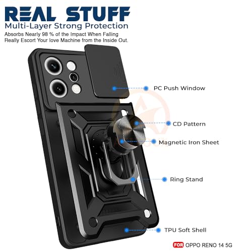 Image of Armor Bumper Back Cover Case for Oppo Reno 14 5G Rotating Camera Cover, Ring Holder & Kickstand | Heavy Duty & 360 Degree Protection Oppo Reno 14 5G Back Cover (Black)