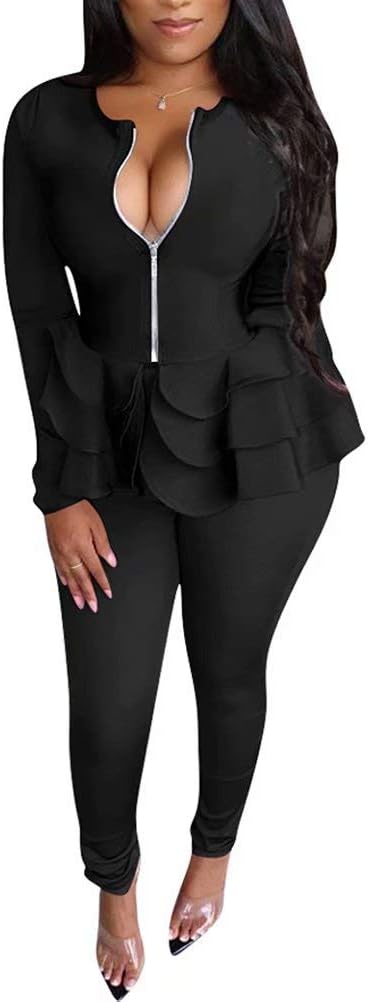 ThusFarWomen Two Piece Tracksuit Zipper Jackets and Bodycon Leggings Outfits Set Clubwear Party