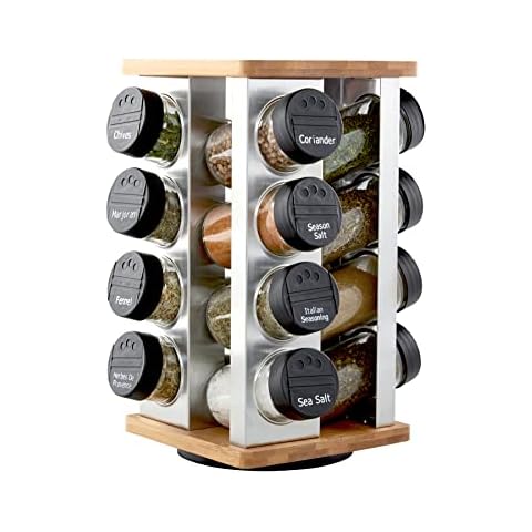 Kamenstein 16 Jar Warner Revolving Countertop Spice Rack Organizer with Lift & Pour Caps and Spices Included, FREE Spice Refills for 5 years, Stainless Steel & Bamboo with Black Caps Cover