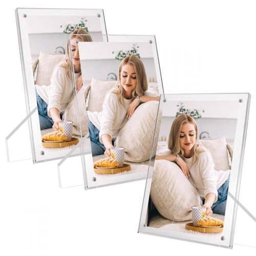 COYMOS 3 Pack Acrylic Picture Frames 5x7 Photo Frame Clear Magnetic Picture Frame With Stand for Home Office Horizontal or Vertical Display