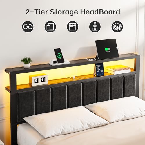 Image of OLEVS Queen Size Bed Frame with LED Lights & Charging Station, Modern Platform Bed with 2-Tier Storage Headboard, No Box Spring Needed, Noise Free