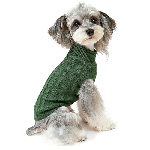 Image of Dog Sweater Soft Warm Turtleneck Knitted Clothes for Small Medium Large Pet | Comfy Wool Knit, Turtleneck & Classic Design, Easy on /off, Warm Winter Girls Boys Dogs Christmas Sweaters, Wood Green, XXS