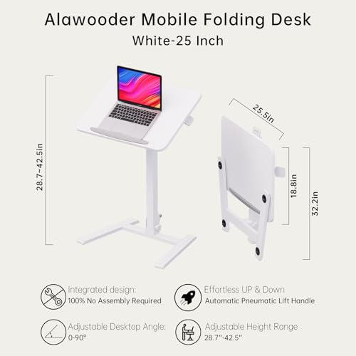 Image of alawooder 25 inch Mobile Folding Desk: Pneumatic Sit-Stand, No Assembly | 29-42 inch Height Adjustable Rolling Laptop Desk, Hidden Wheels, 0-90 Tilt Top. Ideal for Home Office, Craft & Study.