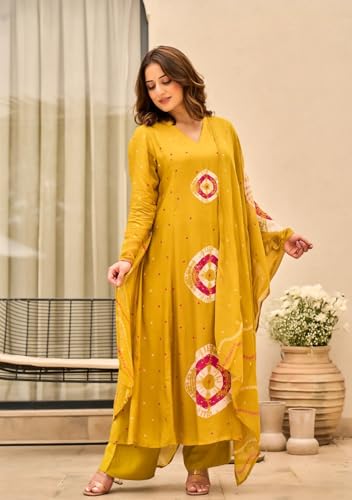 Image of Nermosa Women Viscose Kurta Pant Dupatta Set | Summer Friendly Ethnic Suit Set for Women | V-Neck Printed Kurti with Matching Pants & Dupatta | Casual & Office Wear
