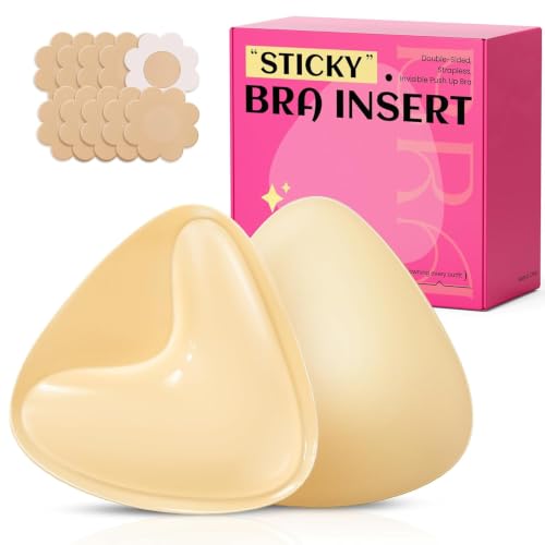 Image of Double Sided Sticky Bra Inserts, Invisible Push Up Sticky Bra Pads for Large Breasts, Stick on Bra for Bikini Swimsuits (Medium, Beige)