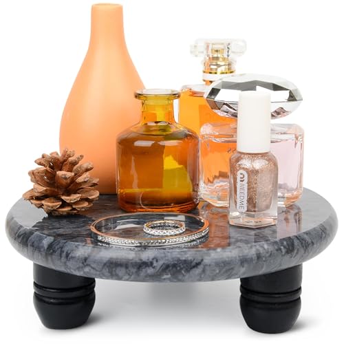 SIPARUI Decorative Round Marble Riser for Display,Marble Pedestal Tray for Home,Kitchen and Bathroom Countertop Organizer Counter Decor Tray.The Decorative Tray Non-slip,Stable(Black Gray)