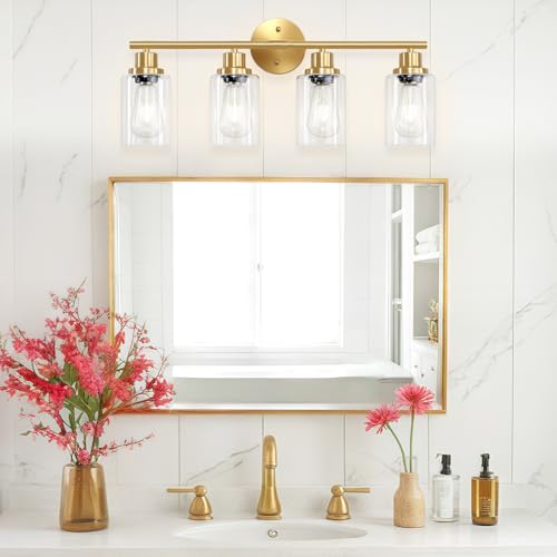 Image of 4-Light Gold Bathroom Light Fixtures, E26 Modern Vanity Lights for Bathroom with Clear Glass Shade, Wall Lamps for Mirror Hallway Kitchen Cabinet Living Room Sconces Lights