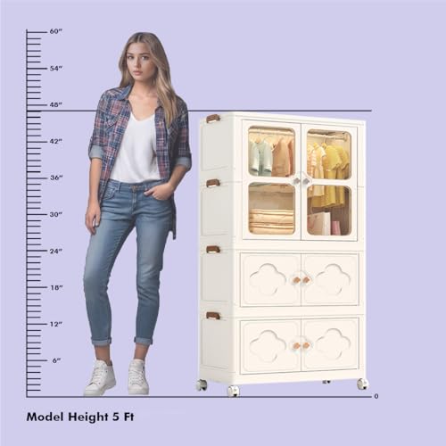 Image of ALOXE Plastic Wardrobe | Foldable Cupboard for Clothes & Bedroom Storage | Stackable Almirah with Wheels for Home & Kids | 2 Layer