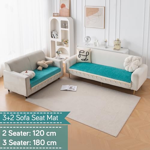 Image of HOKIPO 'Serenity Tassel' Chenille Sofa Cover 3 Seater and 2 Seater with Tassels | Ocean Teal (IN-891 + IN-892 - SBL)