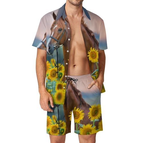Ensemble 2 Pièces Chemise Hawaïenne et Pantalon de Plage Imprimé Tournesol Finitions Soignées S