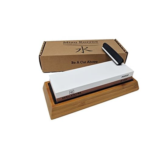 Mizu 1000 / 6000 Grit Premium Whetstone Knife Sharpening Stone Set, Ideal Sharpener for All Blades, Japanese Style Waterstone with Non Slip Bamboo Base, Includes Angle Guide & Instructions