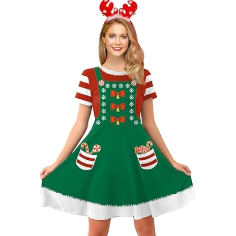 For G and PL Christmas Women's Xmas Crewneck Casual Printed Costume Pullover Outfits Santa Claus Elf Dress Bow M Cover