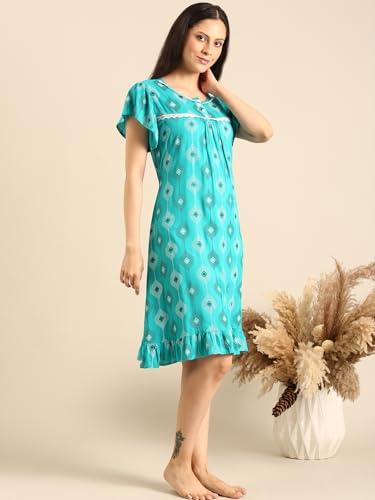 Image of Rupa Jon Aishwarya Women Short Printed Nighty in Premium Cotton Blend Fabric, Midi Length, Night Dress, Three-Fourth Length for Comfortable Everyday Wear