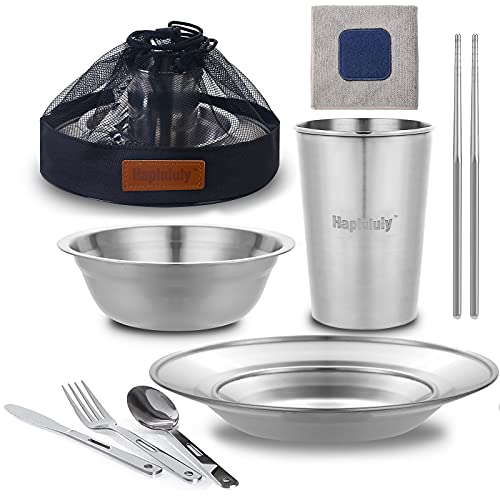 Camping Utensils and Dishes Polished Stainless Steel Dishes Set| Tableware| Dinnerware| Camping| Includes - Cups | Plates| Bowls| Cutlery| Comes in Mesh Bags (1 Person Set Black)