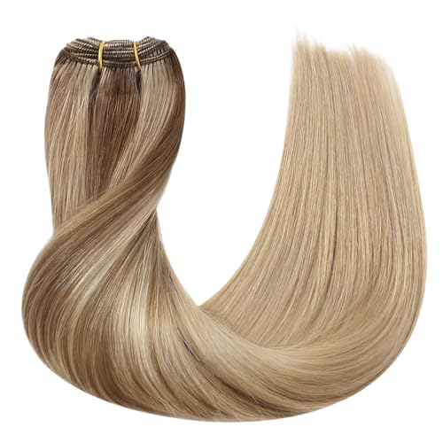 Image of Full Shine 24 Inch Invisible Weft Hair Extensions 105G Remy Human Hair | 10 /16 /16 Golden Brown Highlight Buttery Blonde, Invisible Weft, Party And Wedding, Long Styling, Women Looks