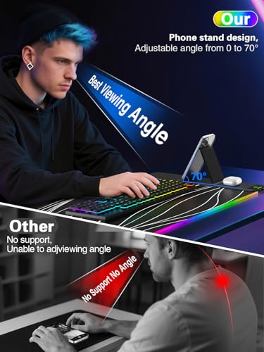 Image of Mouse Pad with Foldable Phone Holder & Wireless Charger, XXL RGB Gaming Mousepad 31.5 inchx15.8 inch Large Desk Mat for Keyboard, Black Desk Pad with Dual Qi Charging Station | 11 Colors 5 Modes | Waterproof