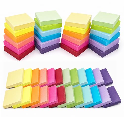 NOTEZMATE 50 x 38mm/1.5 x 2in Sticky Notes Small 2400Pcs(100/Pad) Mini Self-Stick Memo Note Pads 24 Pads Sticky Notes Markers 12 Bright Color Super Sticking pad Bulk for Walls Monitors and Fridge
