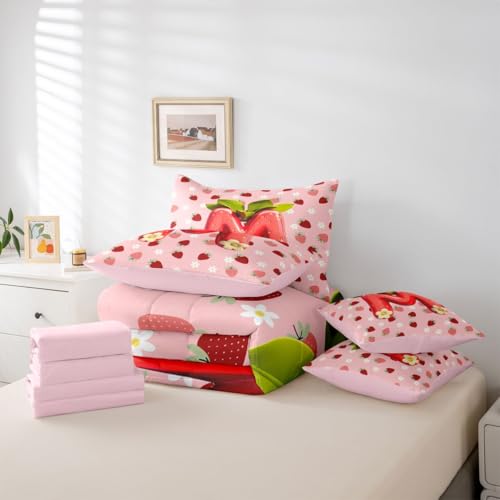 Image of Feelyou Girls Strawberry Comforter Set with Sheets 7 Piece King Size Pink Strawberry Bedding Set for Kids Boys Girls Initial Letter M Bed in a Bag Room Decor Soft Lightweight Microfiber