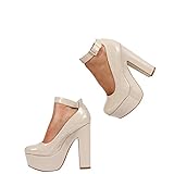 Correa de hebilla ajustable Zapatos de corte con correa de tobillo y tacón grueso para mujer, talla 3-7, crudo (Nude Patent), 39 EU