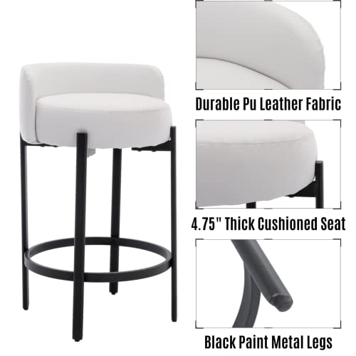 Image of LukeAlon Modern PU Leather Counter Stools Set of 4, Upholstered 26 inch Seat Height Barstools with Black Metal Legs Round Low Back Kitchen Stools with Footrest for Dining Room Small Places, Cream White