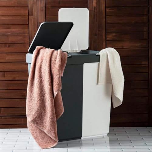 3FlexHome Double Laundry Basket with Lid - Plastic Laundry Hamper with Push Button Lid, 2 Compartments Laundry Bin to Sort Washing, Large Laundry Hamper 80L, Multipurpose Basket (Anthracite-White)