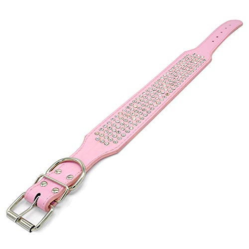 Berry Pet Rhinestones Dog Collars - 2" Width With 5 Rows Full Sparkly Crystal Diamonds Studded Pu Leather - 2 Inch Wide -Beautiful Bling Pet Appearance For Medium & Large Dogs,21-24" Pink #TOP3