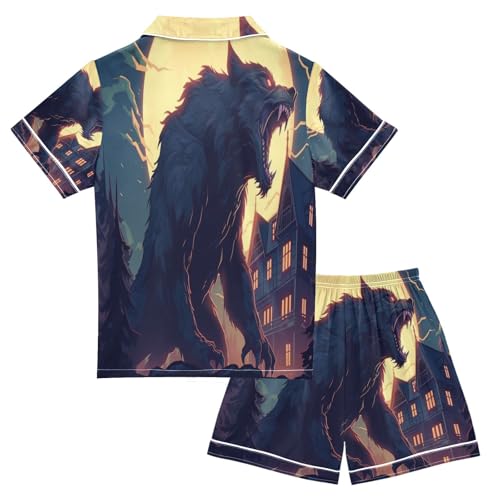 ALAZA Wolf Moon House Satin Pajamas Set Short Sleeve Button Down Sleepwear Summer Pjs 2 Piece2