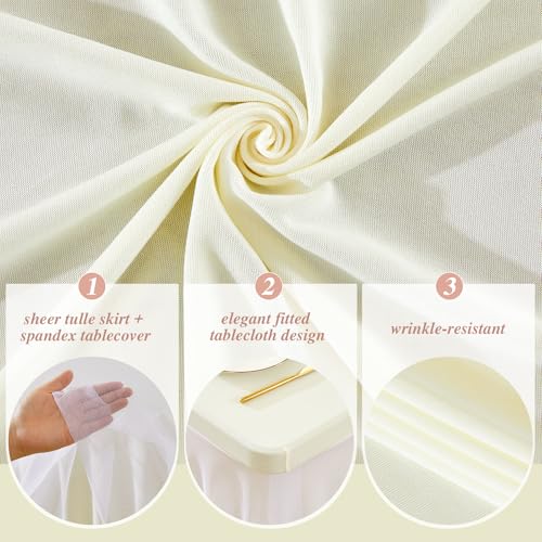 PARTISKY Ivory Tablecloths 4 Foot Rectangle Tables, Spandex Fitted Tablecloth Stretch Table Cover with Tulle Skirt for Baby Shower Birthday Party Wedding Banquet Dessert Table Decorations by PARTISKY - Image 2