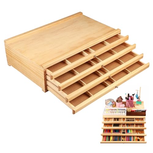 Caja de Almacenamiento Para Pinceles, Caja Organizadora de Suministros de Artista de Madera Con 4 Cajones Extraíbles, Caja de Almacenamiento de Arte de Pino Premium Para Lápices, Bolígrafos Y Pinceles