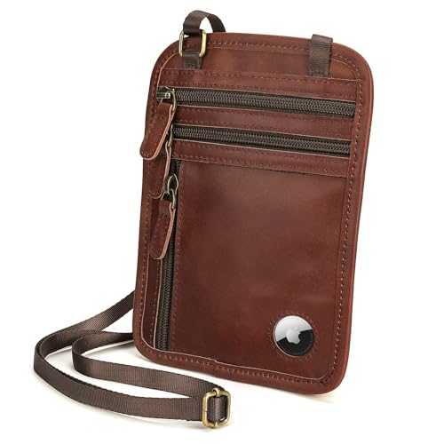 Polare Full Grain Leather Neck Wallet RFID Blocking Conceal Passport Holder Travel Pouch with AirTag Slot for Men (Coffee)