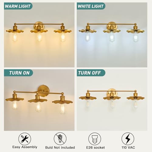 Image of ZGLAOJT 3 Light Vintage Vanity Light Gold Bathroom Light Fixtures Over Mirror.