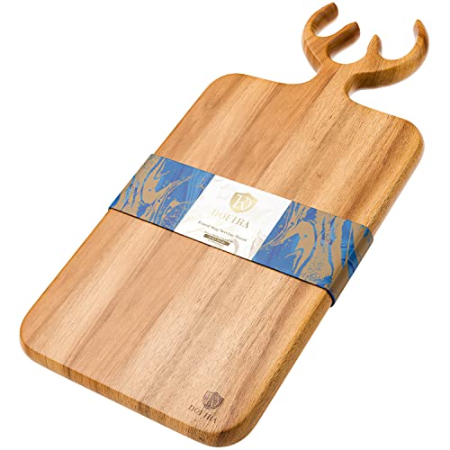 Planche à découper en bois Dofira, planche de service en bois d'acacia réversible, série Forest Stag avec manche en bois de cerf (boîte cadeau incluse) 41.5 x 19.5 x 1.9cm pour charcuterie fromage