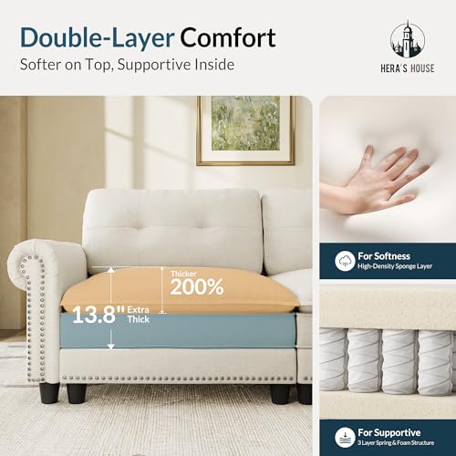 Image of HERA'S HOUSE 3 Pieces Modular Sectional Sofa Sets, Mid-Century Modern Couch Set with Loveseats, Comfy Cloud Couch with Nailhead Trim, 6-Seater Deep Seat Sofa for Living Room, Linen Beige